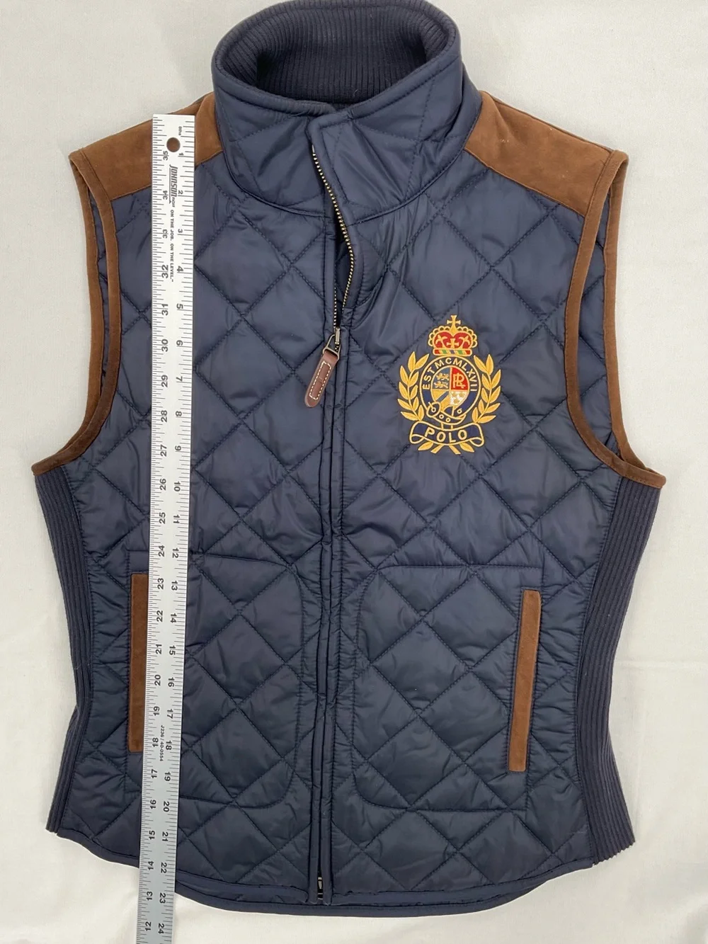 Polo Ralph Lauren Crest Quilted Vest Navy Suede Trim Equestrian Womens Small - Picture 12 of 16